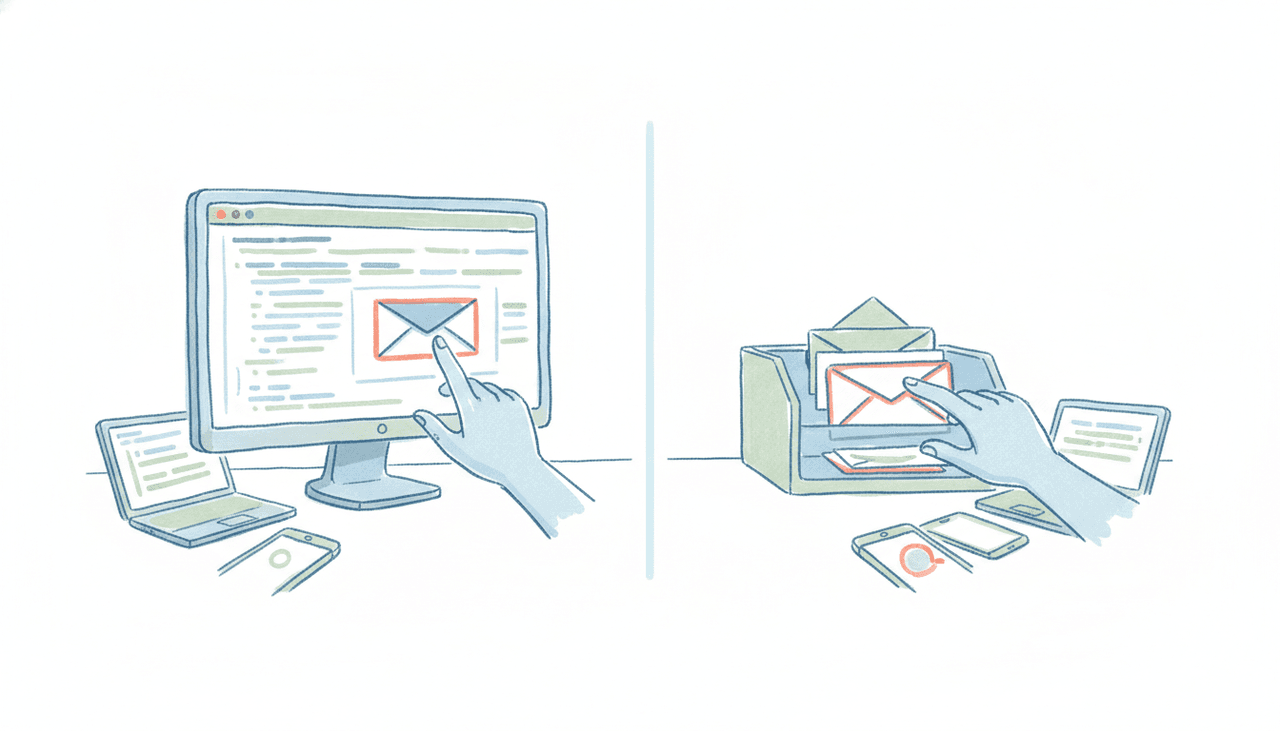 A dedicated email address flowing into an AI agent icon, with a finished reply returning to an inbox, illustrating an AI agent with its own email address