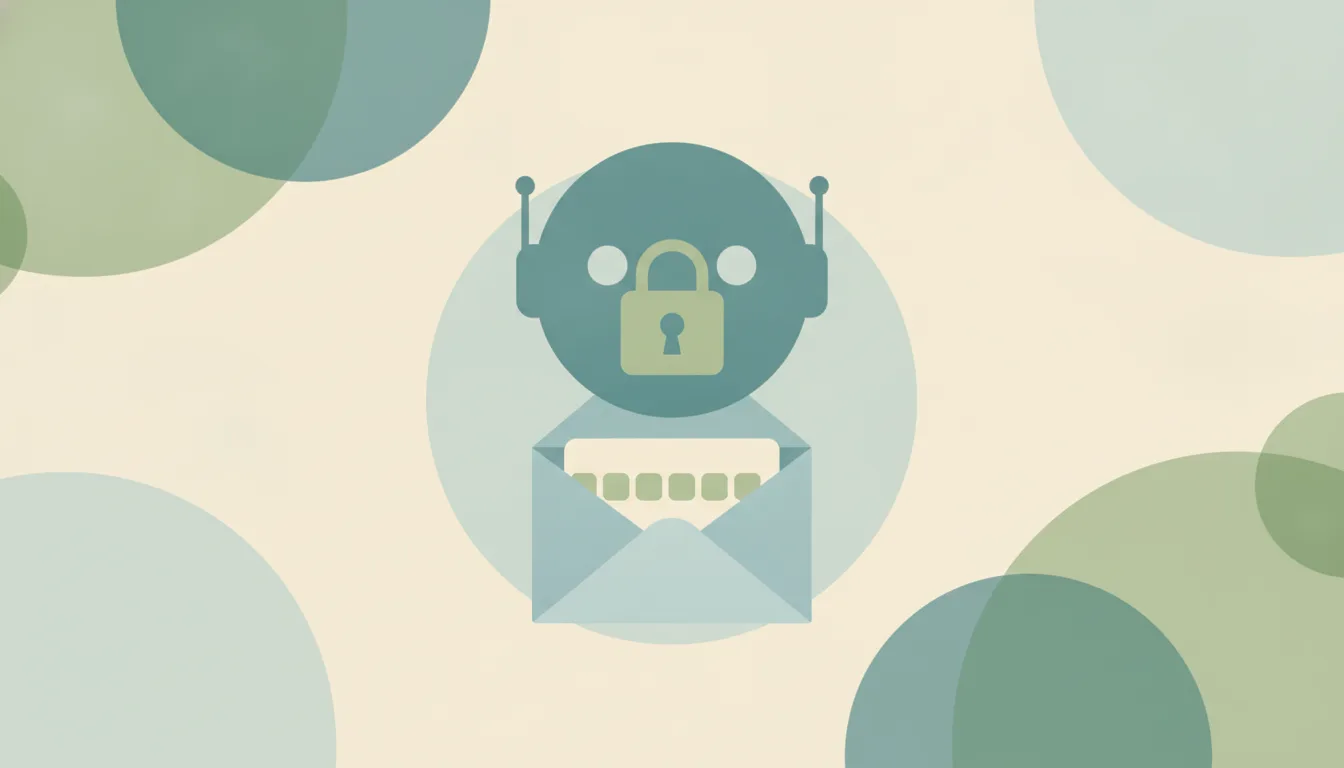 Abstract flat illustration of an open envelope releasing a row of six code dots toward a small robot head, with a padlock beside it