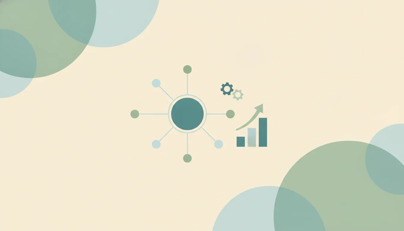 Abstract central node radiating lines to smaller task nodes, with gears and a rising bar chart, representing AI agent adoption statistics
