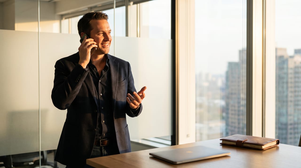 Account executive at a laptop with AI agent icons sending follow-ups, updating CRM cards, and booking discovery calls