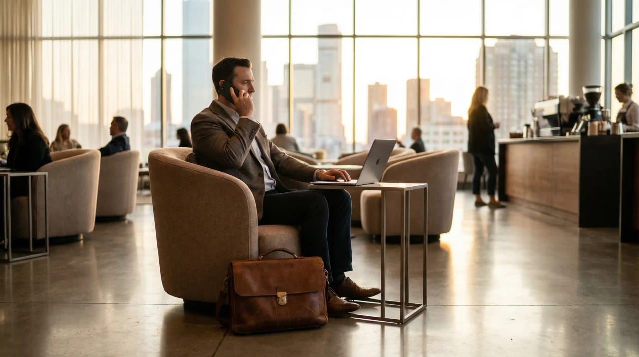 Consultant taking a phone call in a bright lounge with a laptop and leather briefcase