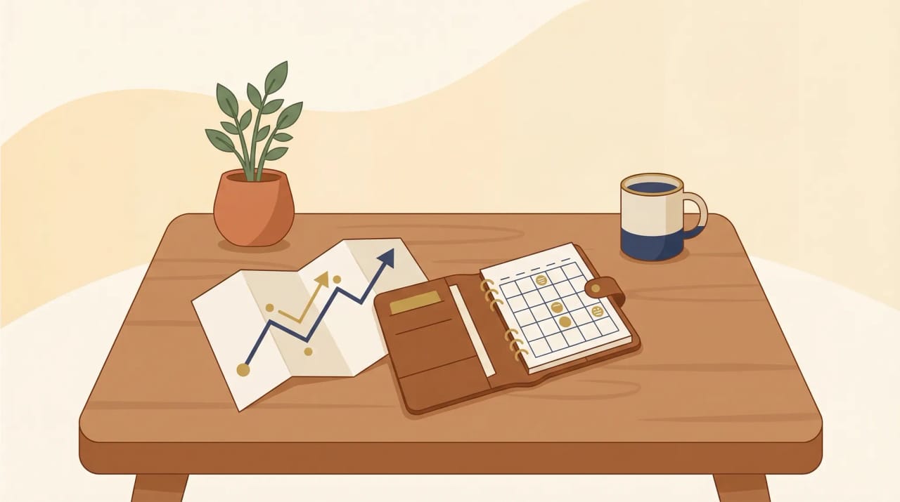 Warm illustration of a desk with a growth chart, planner, potted plant, and coffee mug