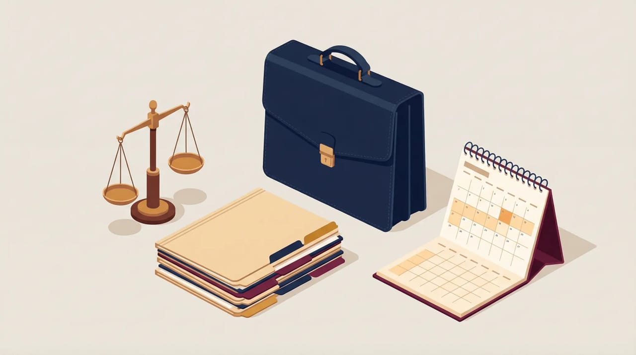 Lawyer at a desk with AI agent icons handling client intake, billable hour tracking, and document scheduling
