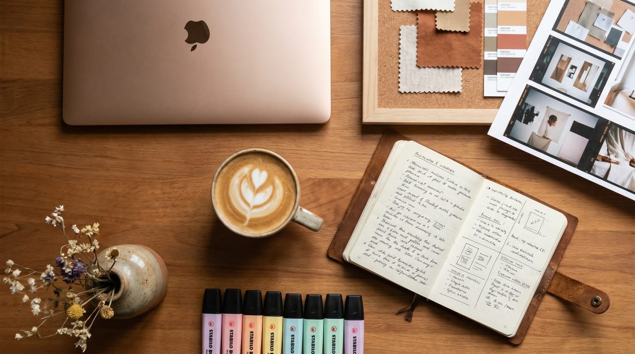 Flatlay of a marketing desk with a laptop, latte, notebook, highlighters, and a mood board