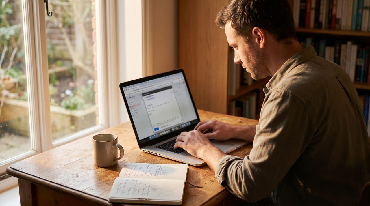 Newsletter writer at a desk with AI agent icons coordinating subscribers, sponsor outreach, and send-day workflows