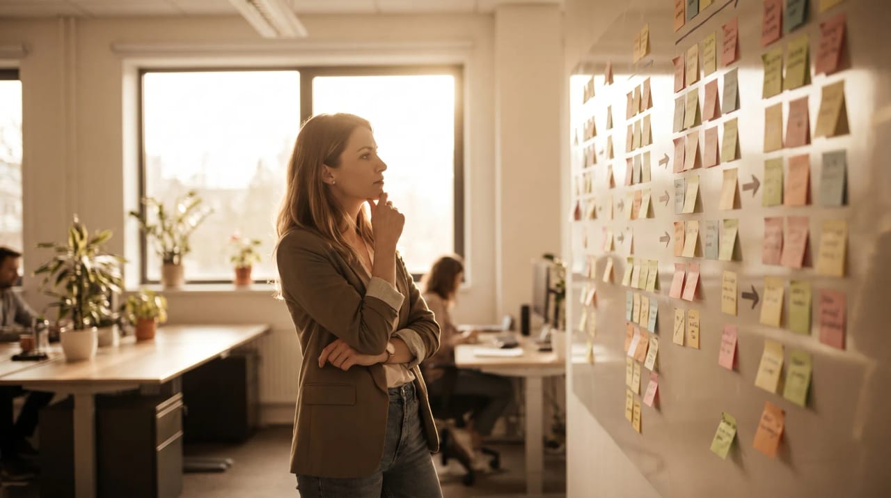 Product manager studying a wall of colorful sticky notes in a sunlit office