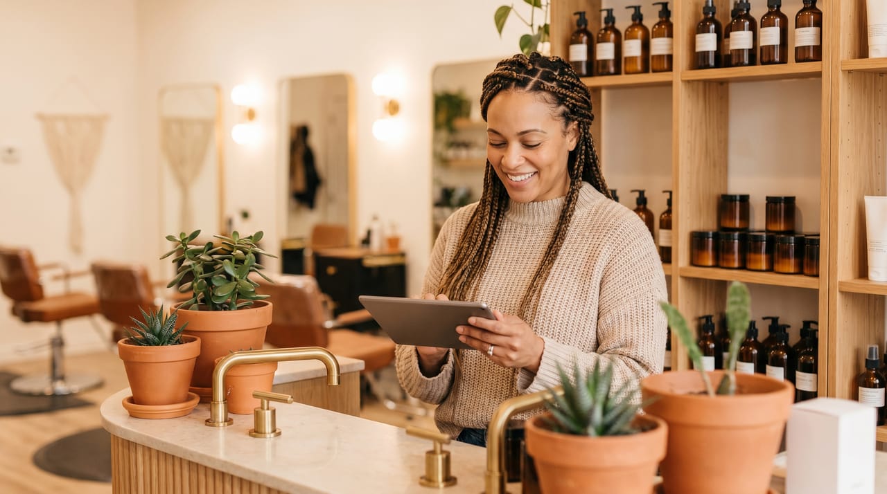 Salon and spa owner workspace with AI agent icons managing appointments, client reminders, and stylist schedules