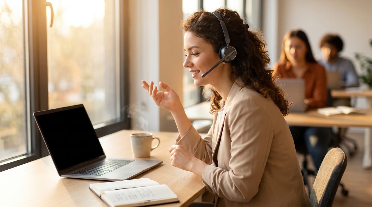 Sales rep with a headset smiling on a call at a sunlit office desk