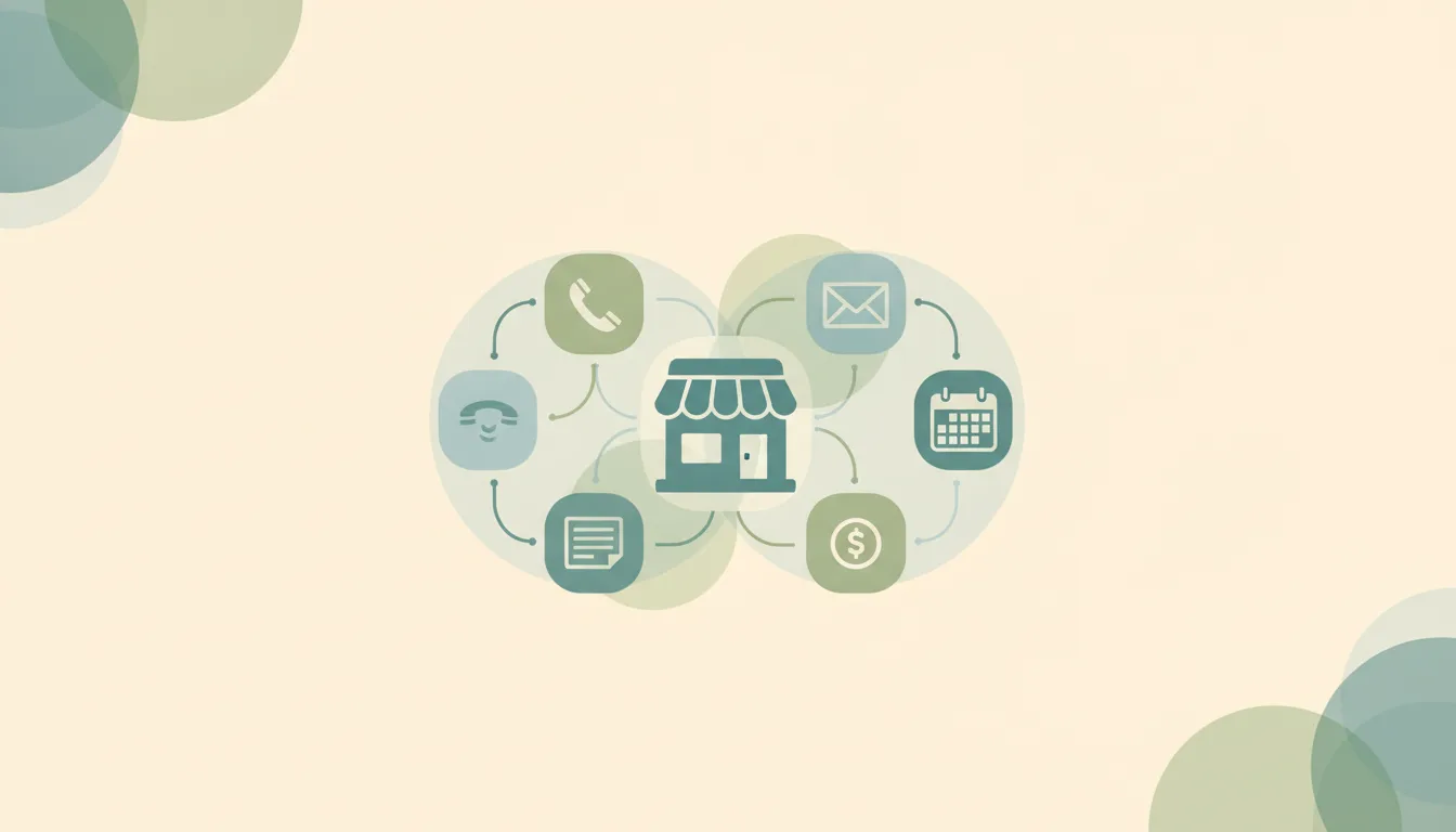 A small shopfront shape surrounded by rounded tiles for a phone, an envelope, a calendar and a receipt, linked by curved lines, over soft layered circles