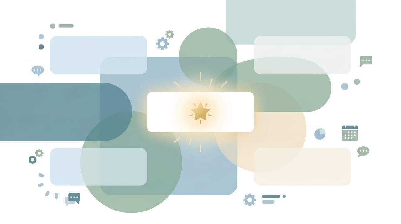 Playful grid of name tags and chat bubbles floating around an AI assistant avatar representing 200 naming ideas