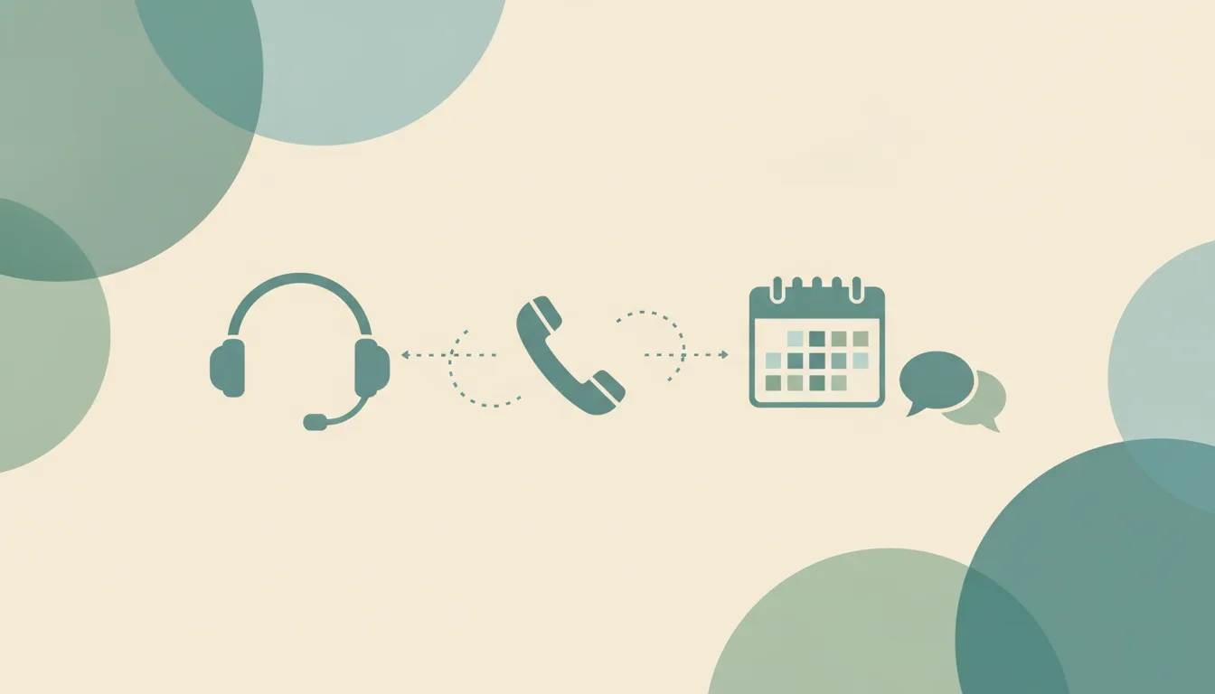 A headset and a phone handset linked by dotted lines to a calendar grid and chat bubbles over soft layered circles