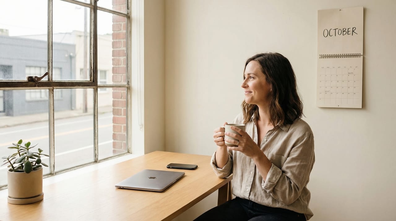 Small business owner at a counter with AI chat bubbles handling customer emails, texts, and calls in real time