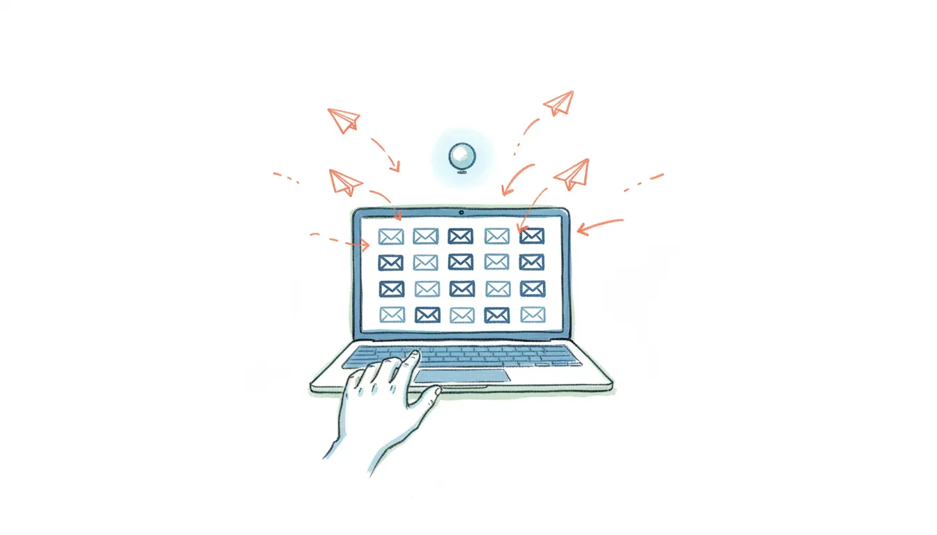 Hand-drawn illustration of an inbox where AI drafts replies in speech bubbles and one assistant hits send on its own
