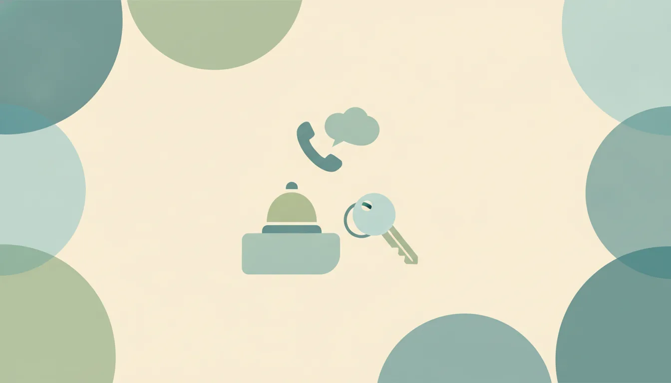 A hotel front desk bell, a phone handset and a room key joined by a curved line of speech bubbles, flat illustration on a cream background