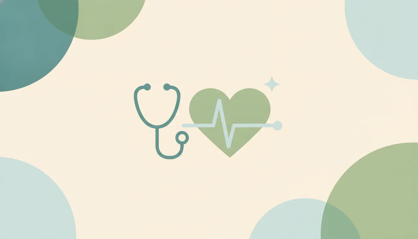 Abstract stethoscope shape beside a heart with a pulse line and a small spark shape, over layered circles, representing AI in healthcare statistics
