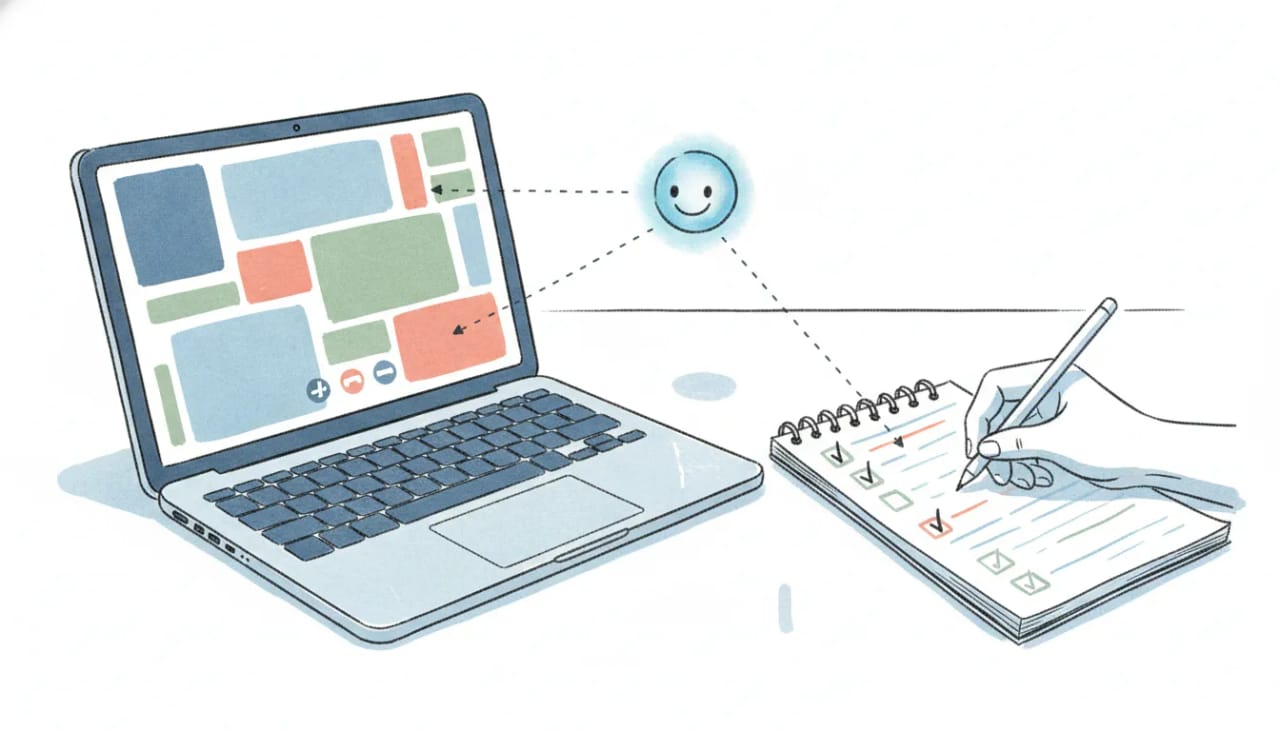 Hand-drawn editorial illustration of an AI assistant guiding a meeting from calendar invite through live notes to a completed follow-up email