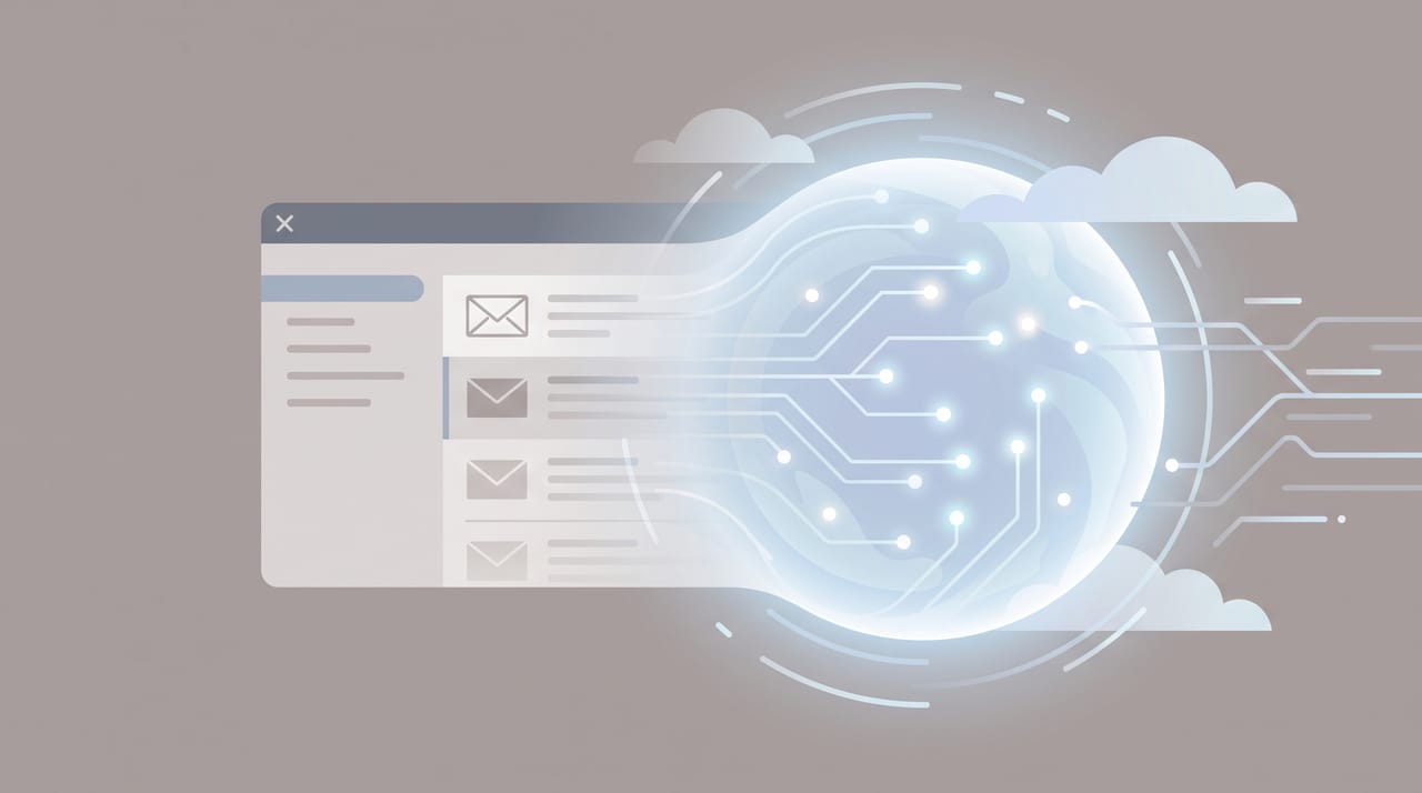 A fading email inbox window dissolving into a glowing AI agent orb