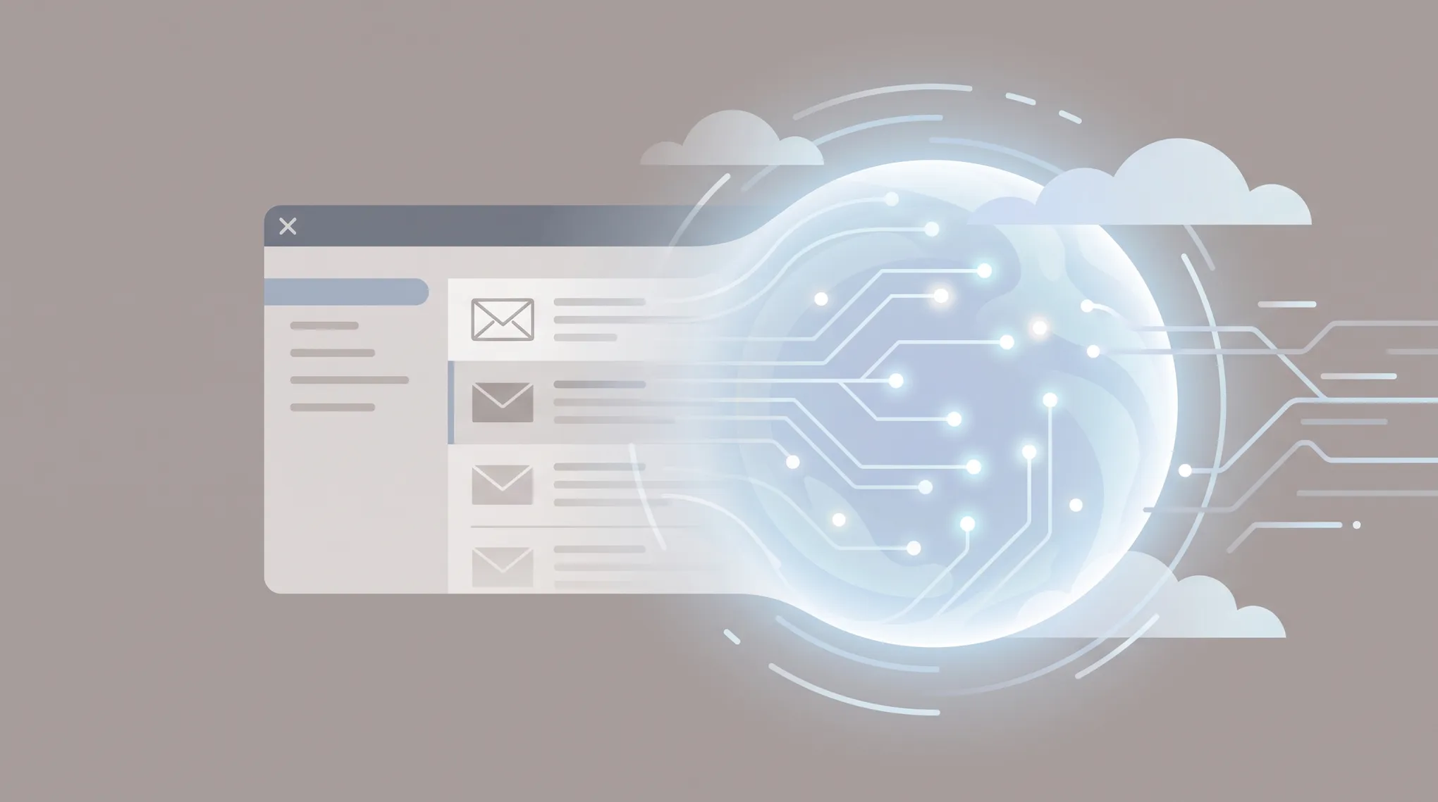 A fading email inbox window dissolving into a glowing AI agent orb