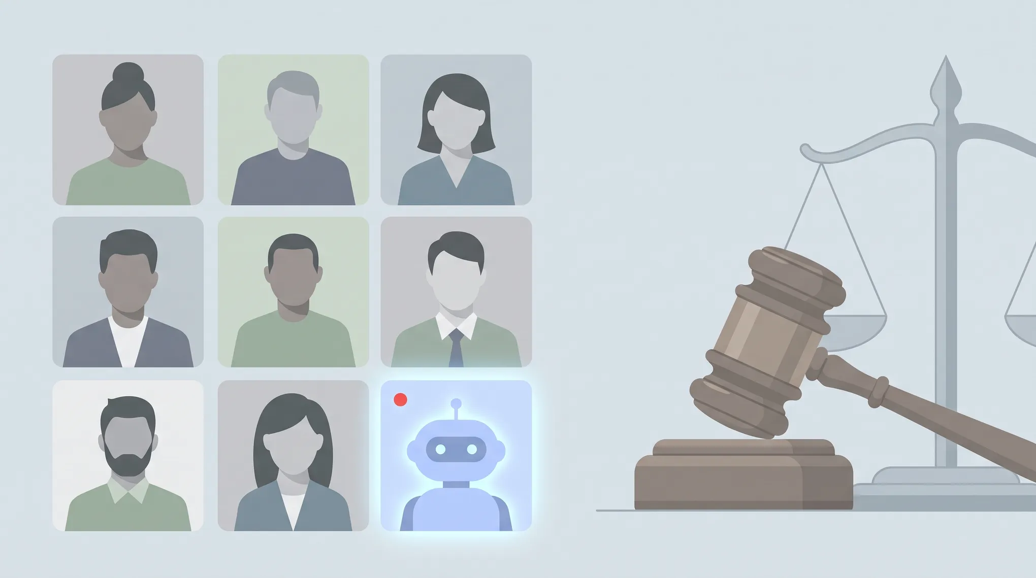 A robot notetaker bot sitting in a video-call grid framed by a courtroom gavel and a legal exhibit tag