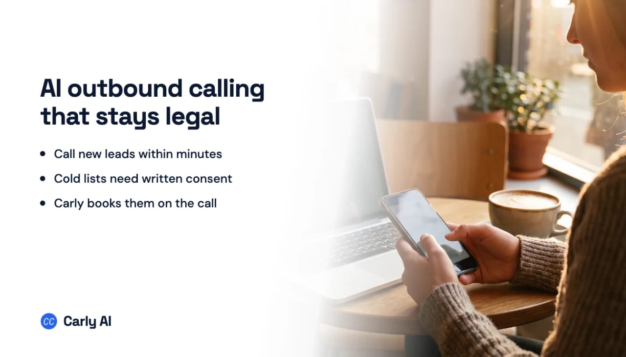 A woman checking her phone at a cafe table beside a laptop, next to the headline AI outbound calling that stays legal