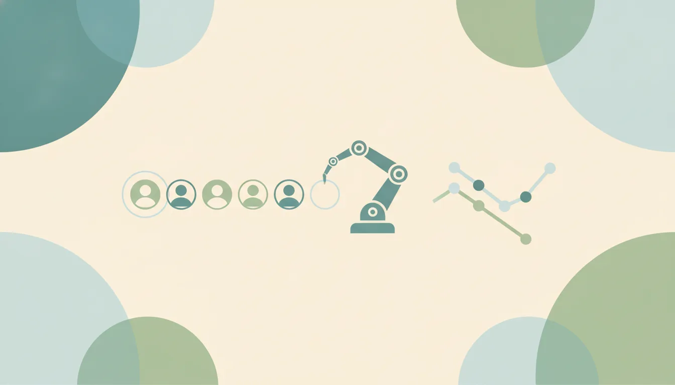 Row of circular person icons ending in an empty outline, beside a robotic arm and a chart with two diverging lines, representing jobs lost and gained to AI
