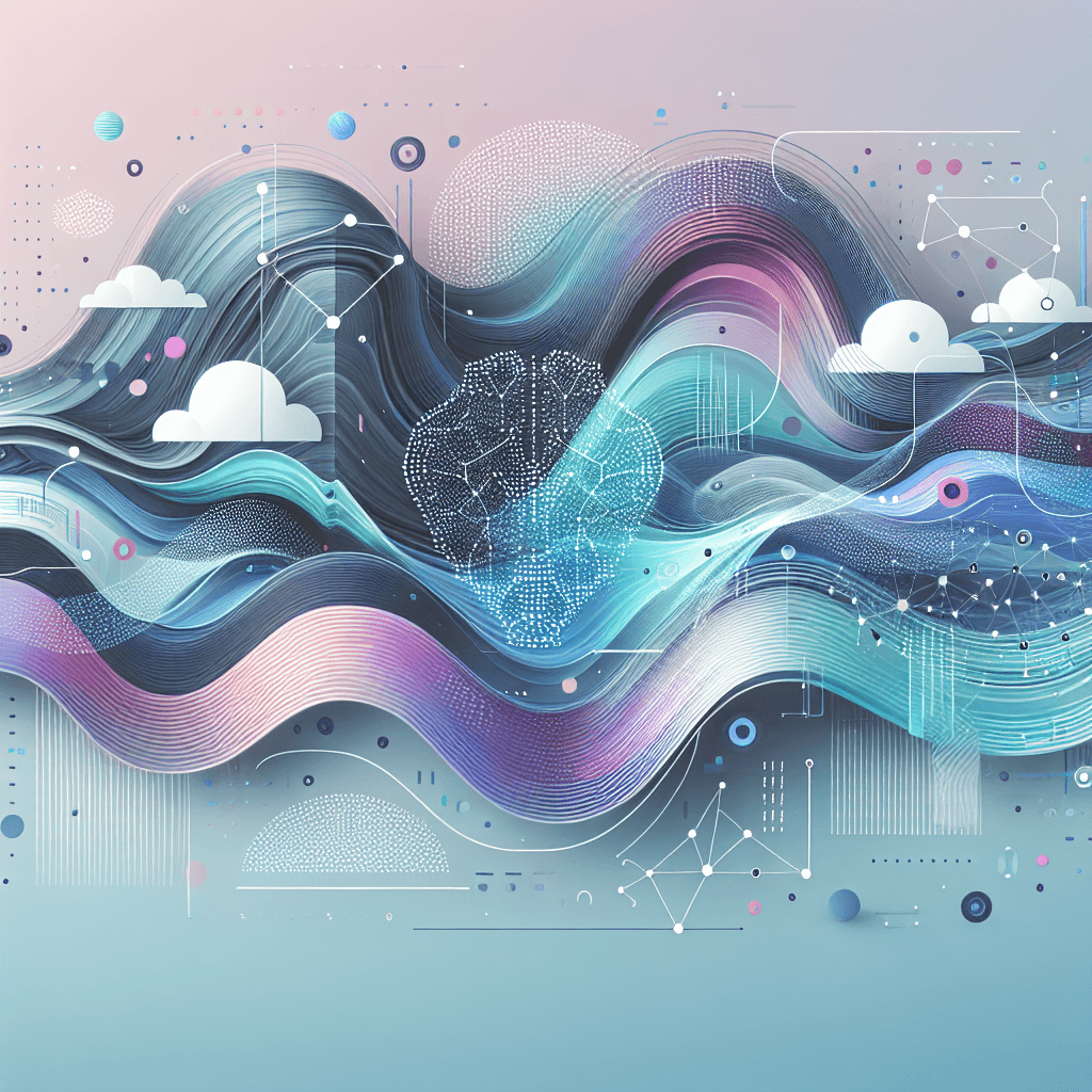 Abstract flowing waves with network nodes and data points in blue and purple