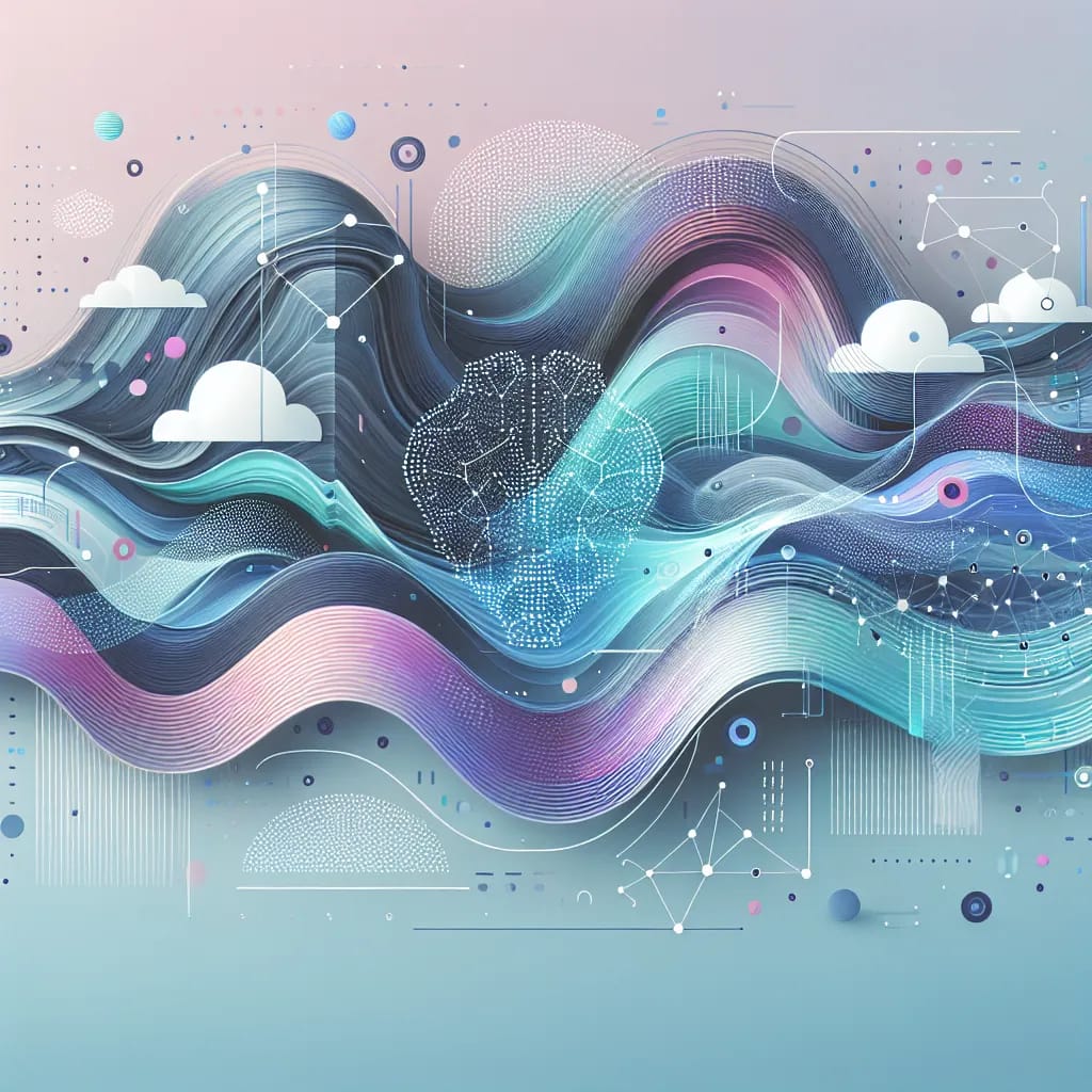 Abstract flowing waves with network nodes and data points in blue and purple