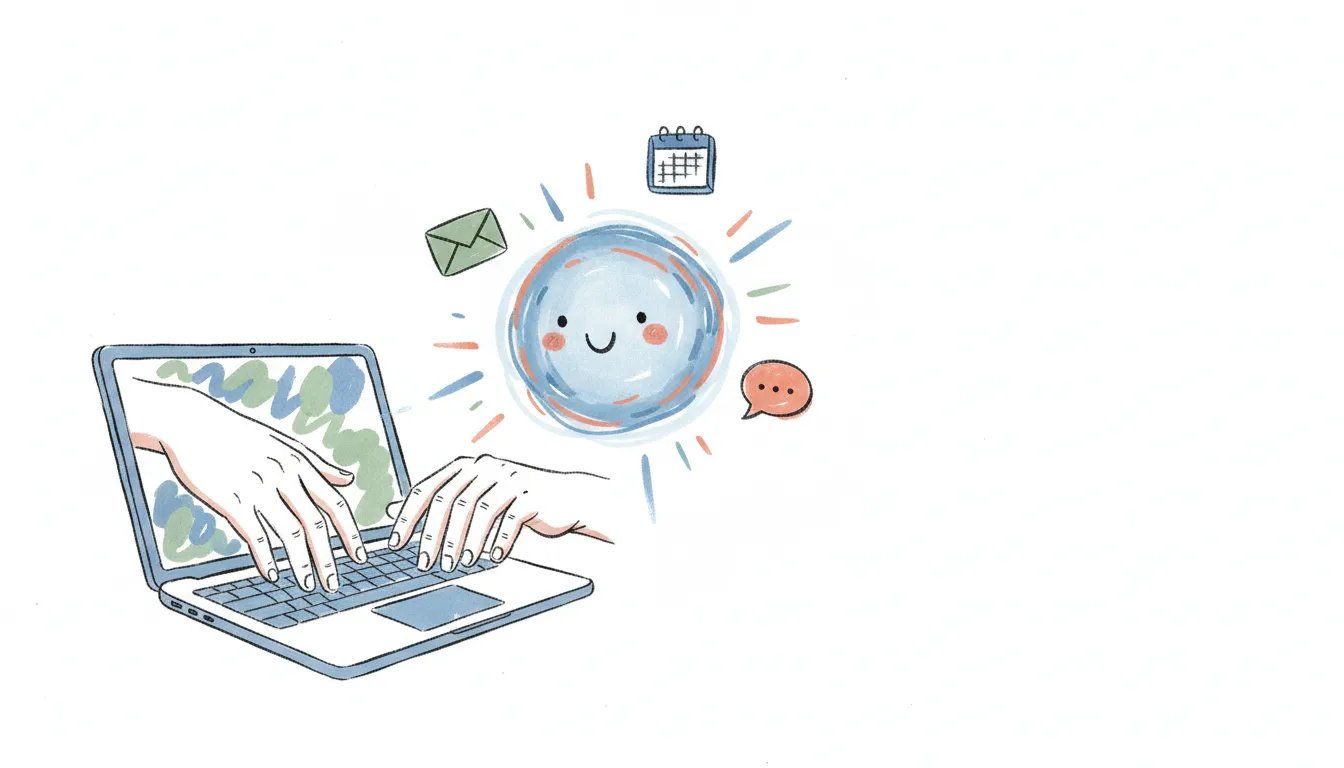 Hand-drawn editorial illustration of an AI virtual assistant sorting email, booking a calendar, and sending follow-ups at a tidy desk