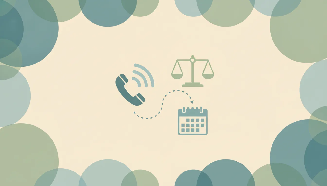 A phone handset with sound-wave arcs beside a balance scale, linked by dotted lines to a calendar grid over soft layered circles