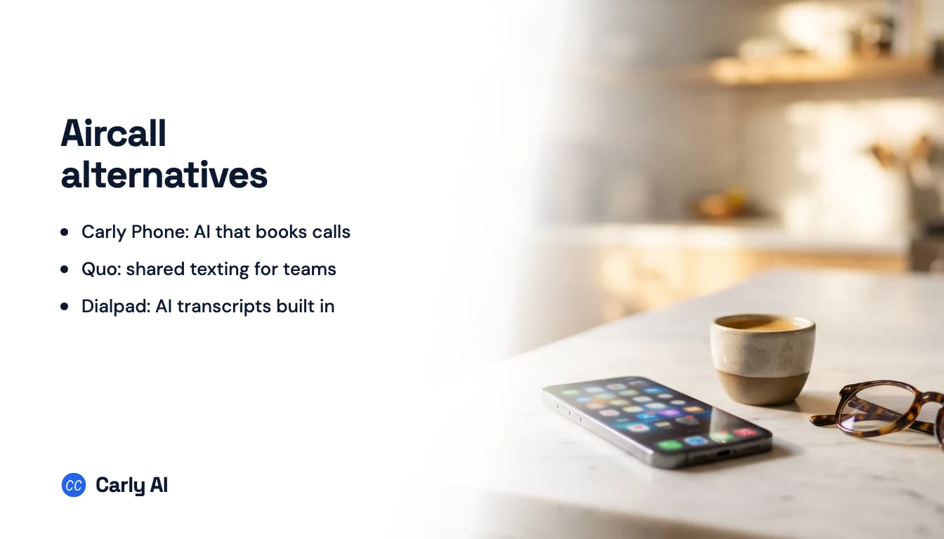 A phone on a marble counter, beside the headline Aircall alternatives