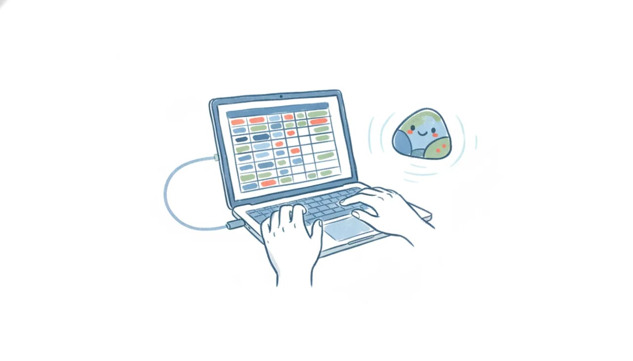 A laptop showing Airtable base and record cards, linked by a connector to a friendly AI assistant