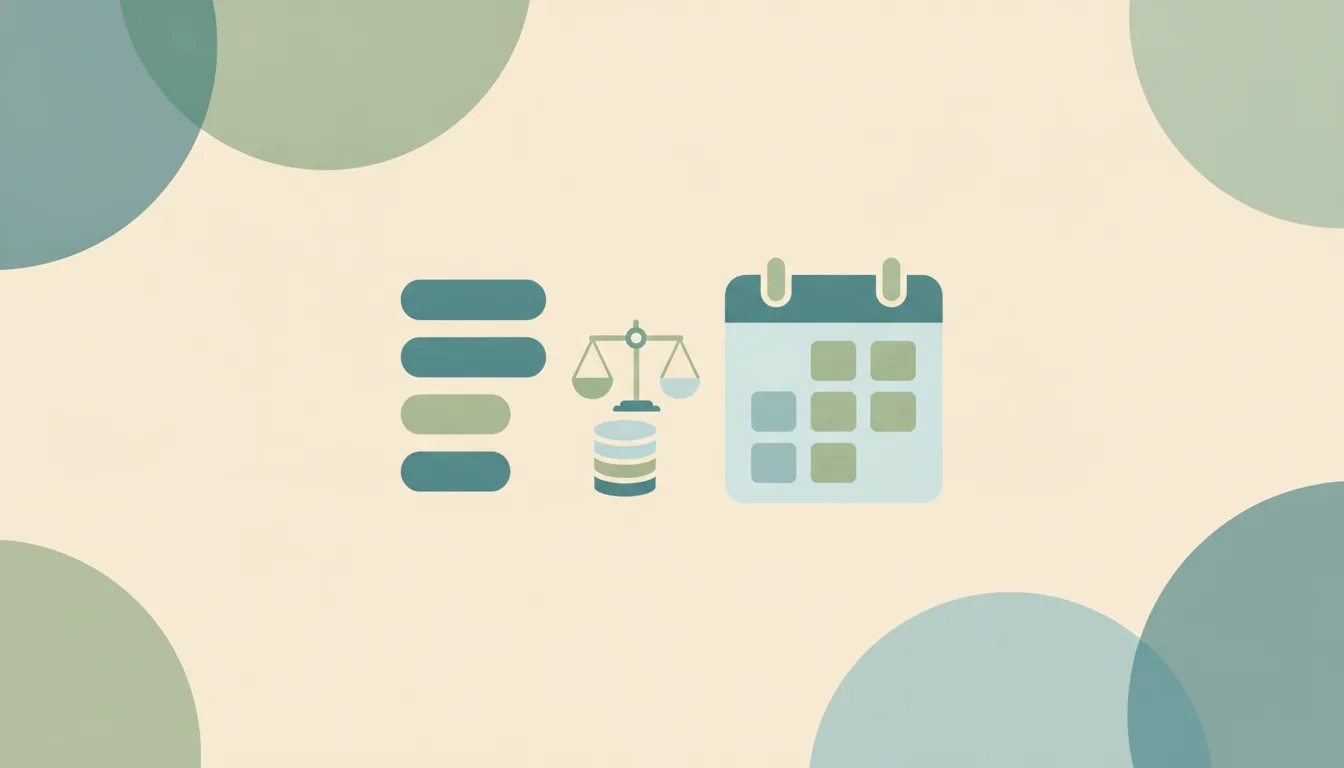 Abstract illustration of a price tag hanging over a stack of task cards and calendar time blocks, with a small hourglass marking a seven-day trial