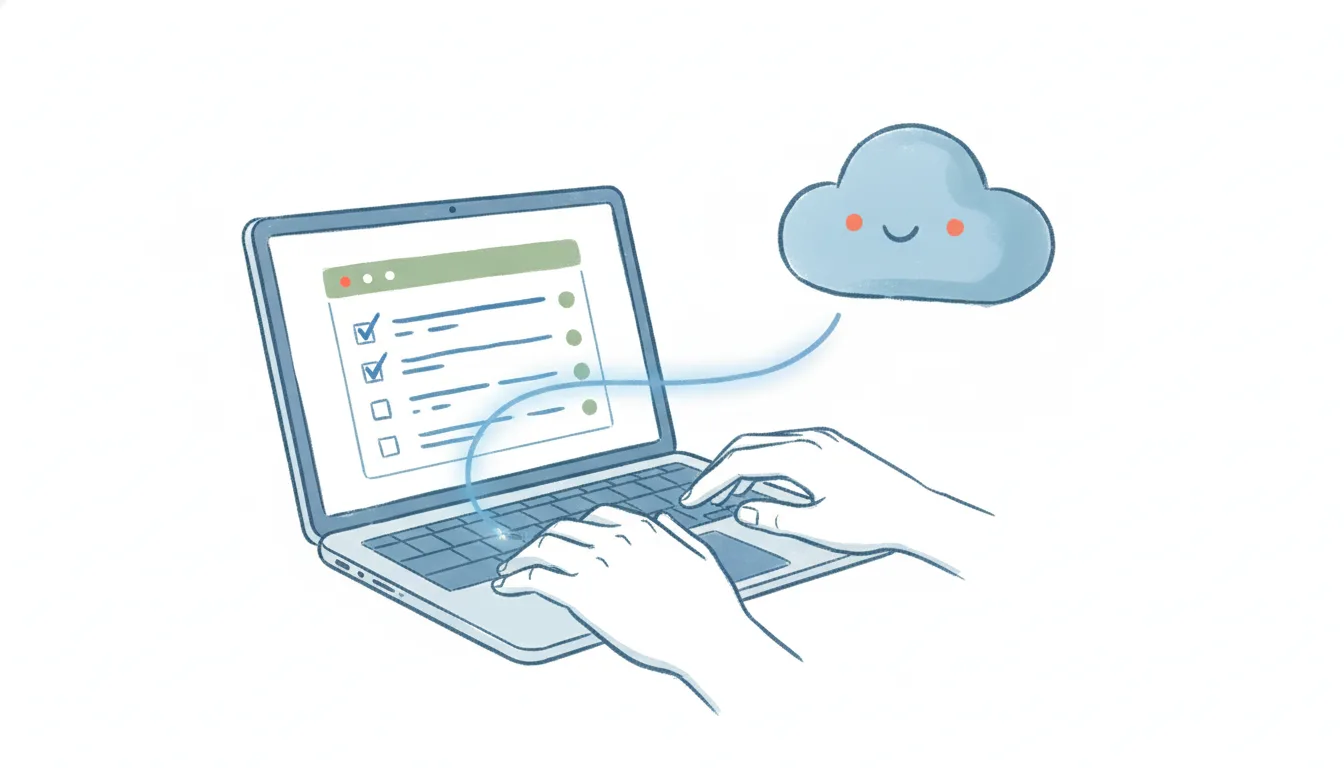 A laptop showing Asana task and project cards, linked by a connector to a friendly AI assistant
