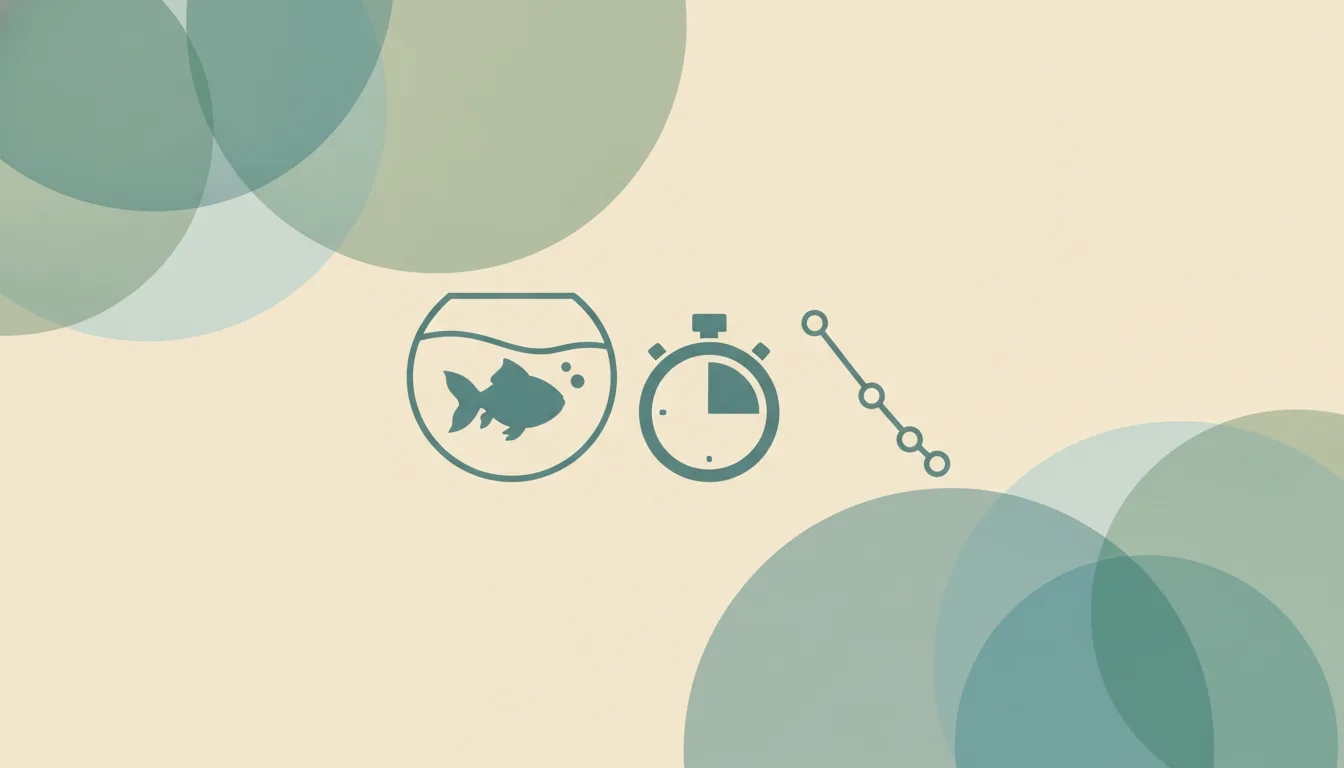 Line icons of a goldfish bowl, a stopwatch and a falling line chart on a cream background, representing attention span statistics