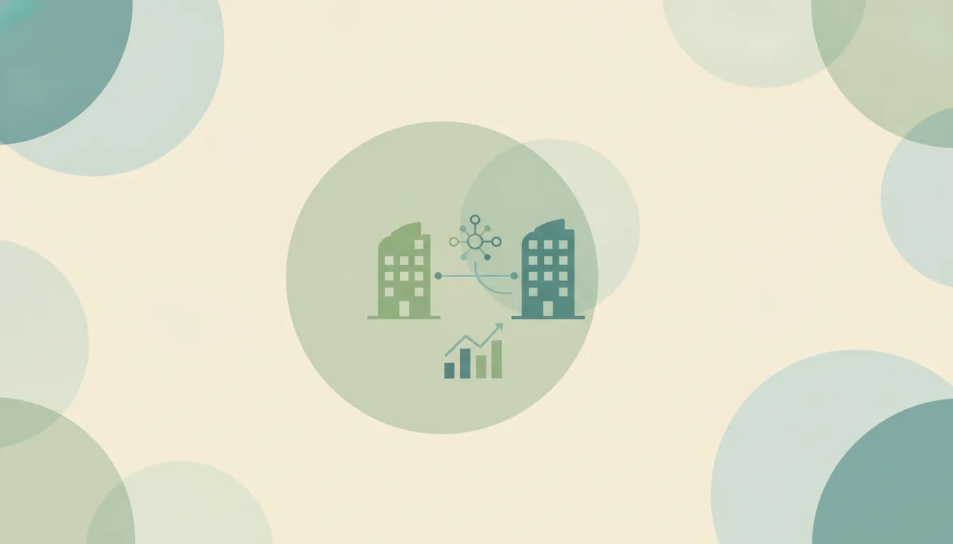 Two abstract office buildings linked by a line and a cluster of person nodes beside a rising bar chart, representing B2B marketing and buying group statistics