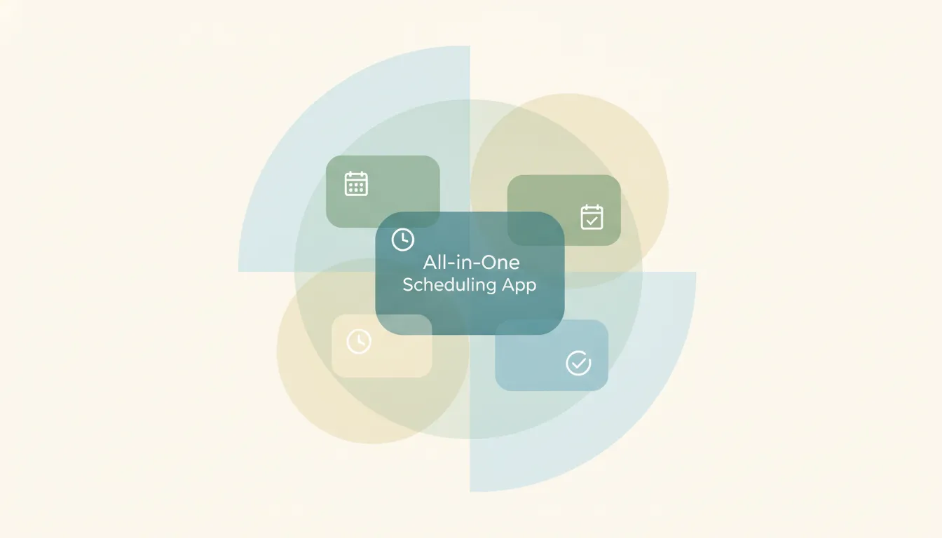 A central all-in-one app card ringed by alternative cards, illustrating Base44 alternatives
