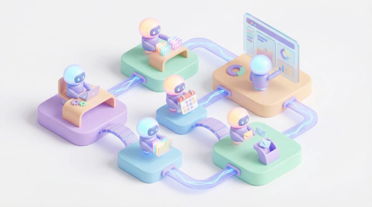 Playful 3D scene of small robots passing work between connected app platforms and a dashboard