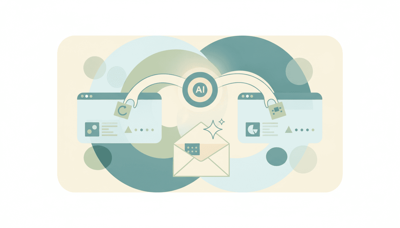 Pastel illustration of an AI hub connecting two analytics dashboard windows with an email