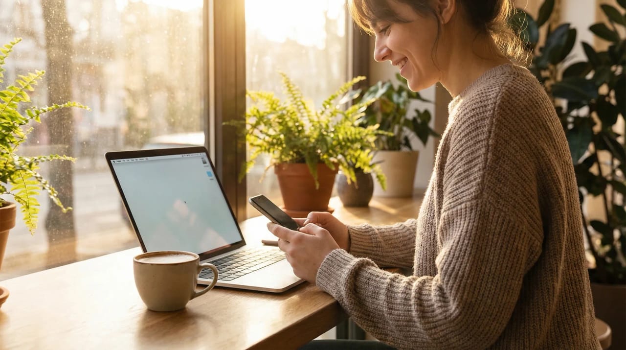 Woman checking her phone next to a laptop and coffee in a sunny cafe window