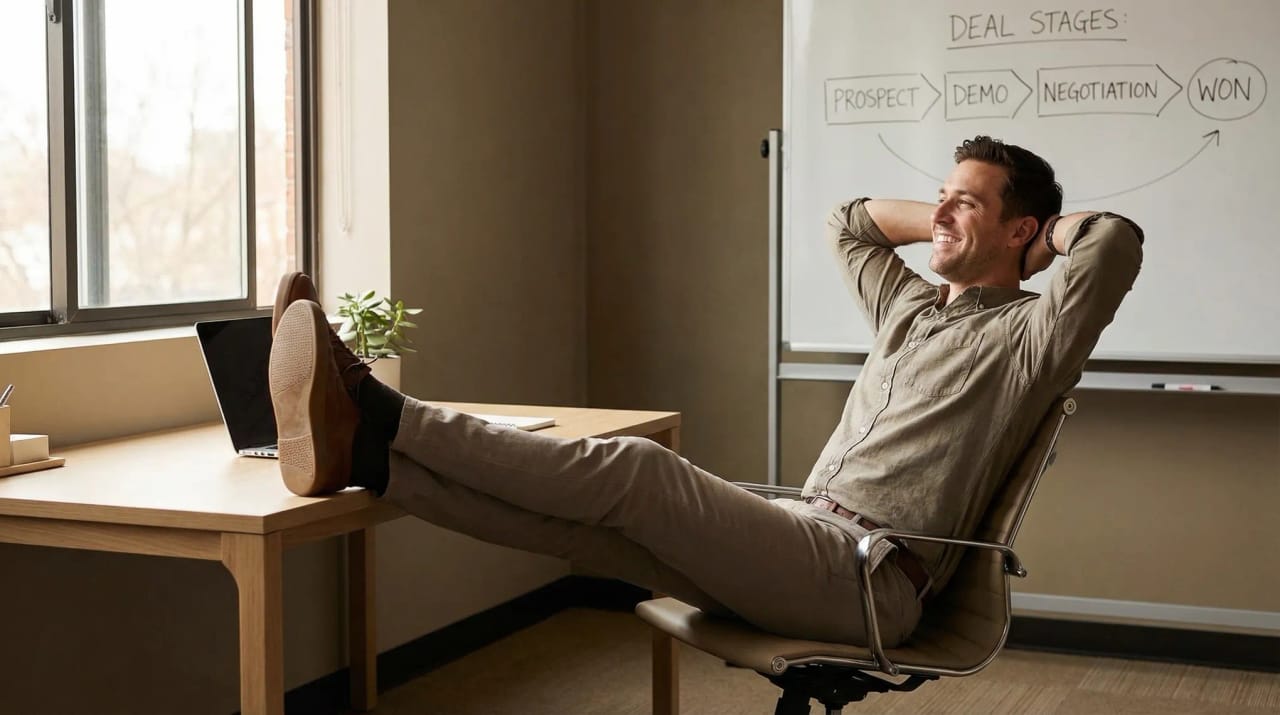 Sales lead at a desk reviewing pipeline records and deal scores on a laptop