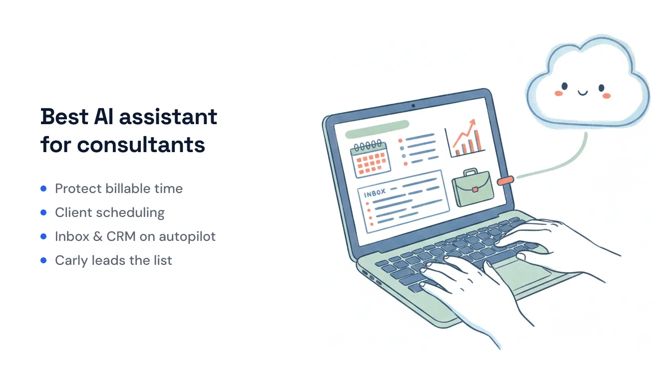 AI assistant icons handling client scheduling, follow-ups, and CRM updates for an independent consultant