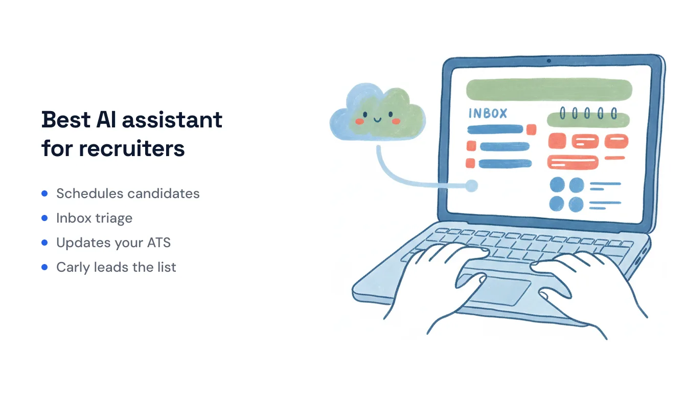 Recruiter desk with candidate pipeline, interview calendar, and an AI assistant coordinating scheduling and ATS updates