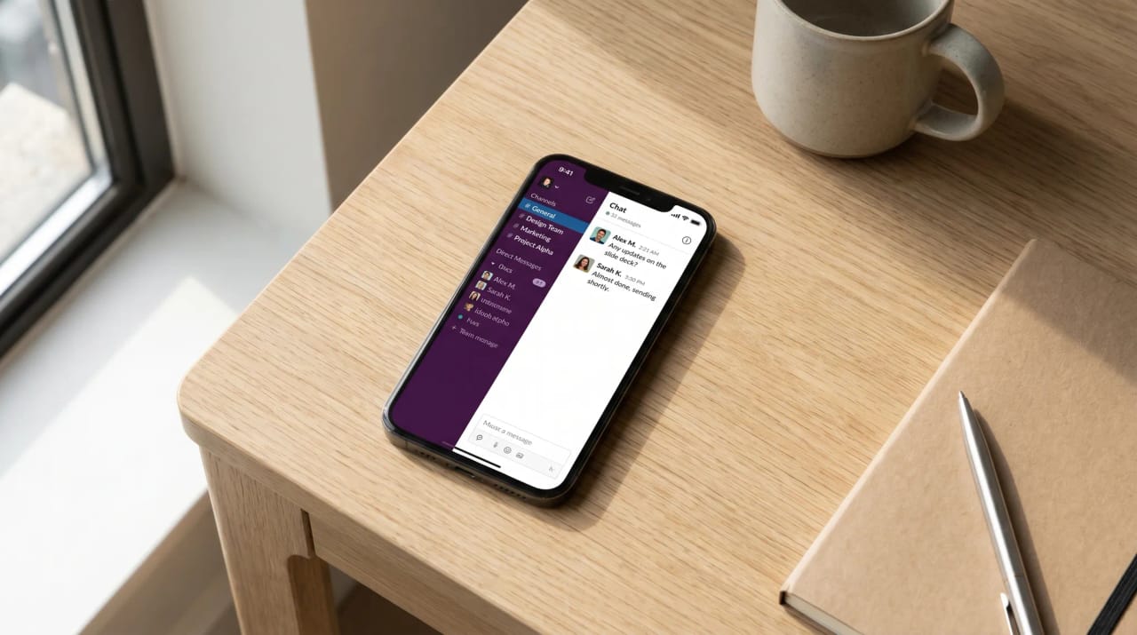 Slack channel sidebar with twelve AI assistant bot avatars ranked beside threaded messages and tasks