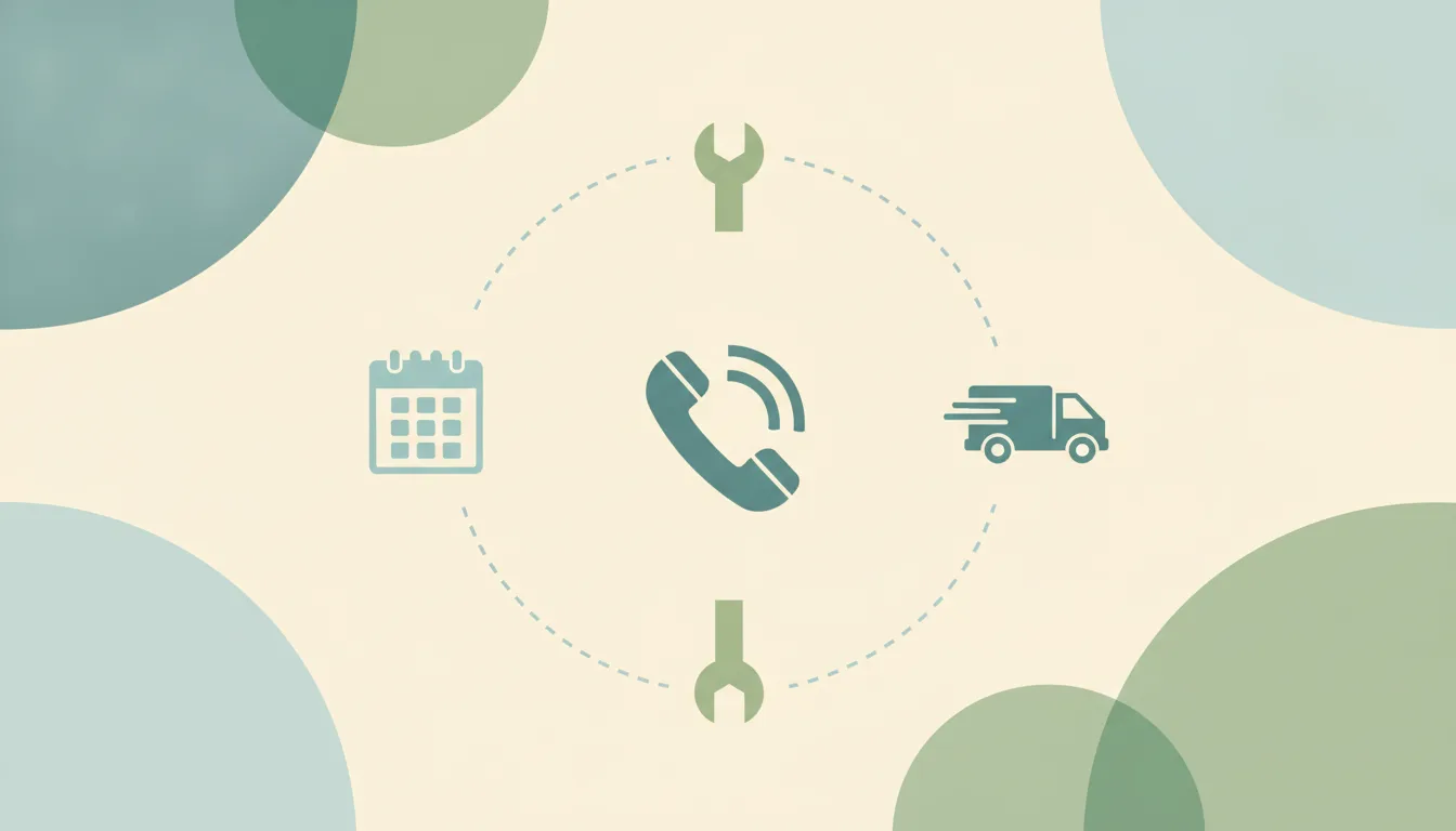 A ringing phone linked by dotted lines to a wrench, a service van and a calendar