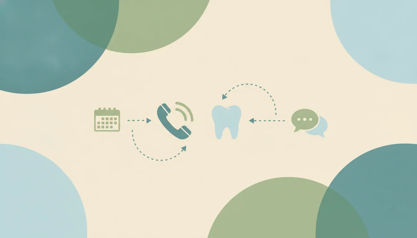 Flat illustration of a ringing phone linked by dotted lines to a tooth shape and a calendar grid over soft teal circles
