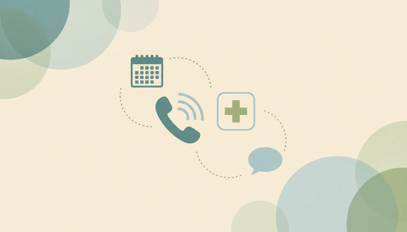 Flat illustration of a ringing phone linked by dotted lines to a medical cross shape and a calendar grid over soft teal circles