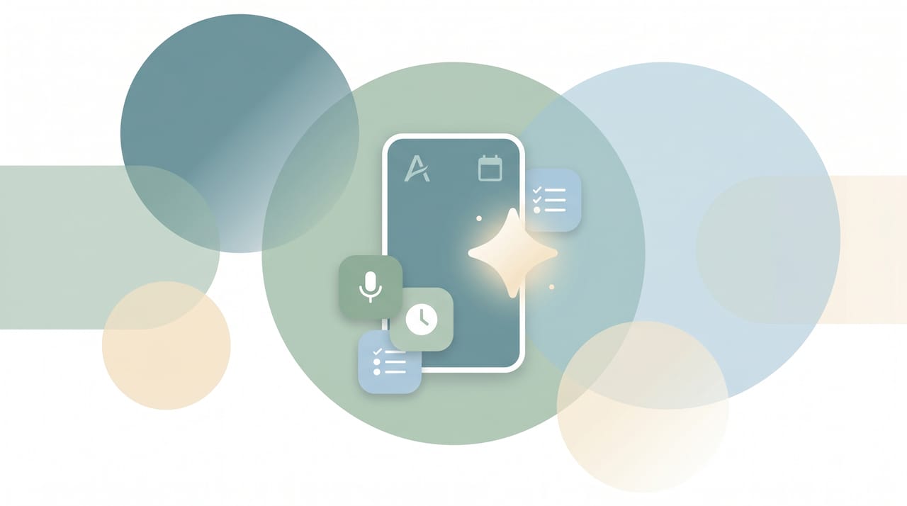 Grid of AI personal assistant app icons floating above a phone managing calendar, tasks, and reminders