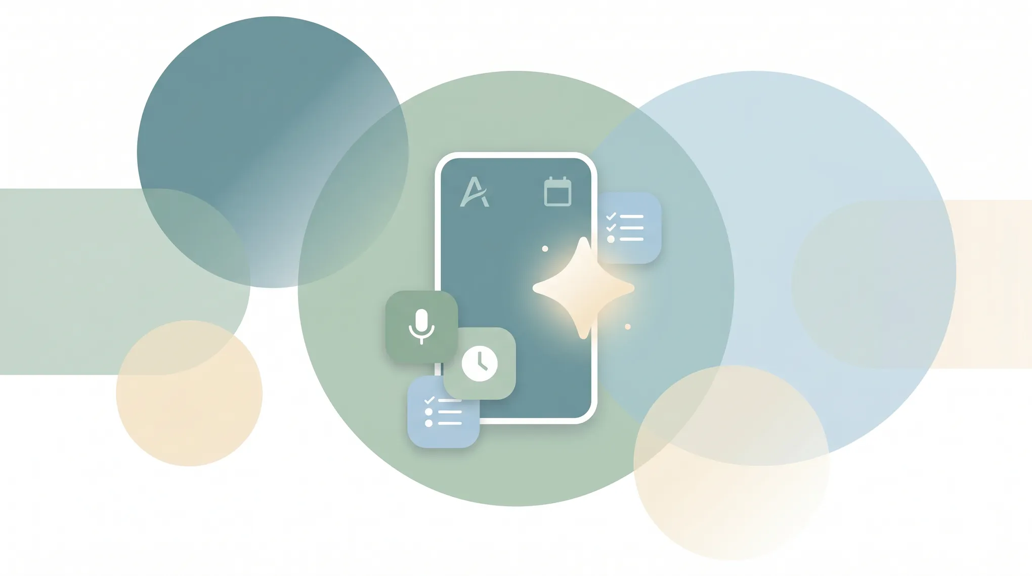 Grid of AI personal assistant app icons floating above a phone managing calendar, tasks, and reminders