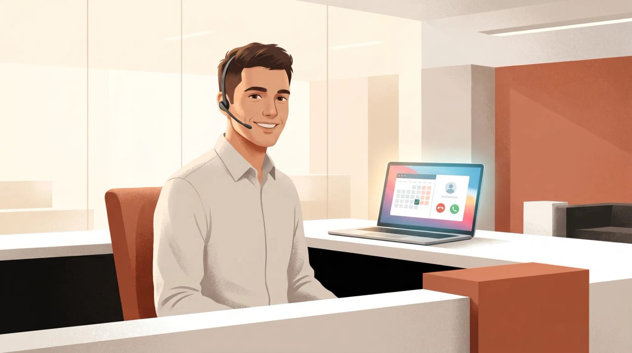 Front-desk illustration with ten AI receptionist avatars answering calls, booking, and routing visitors