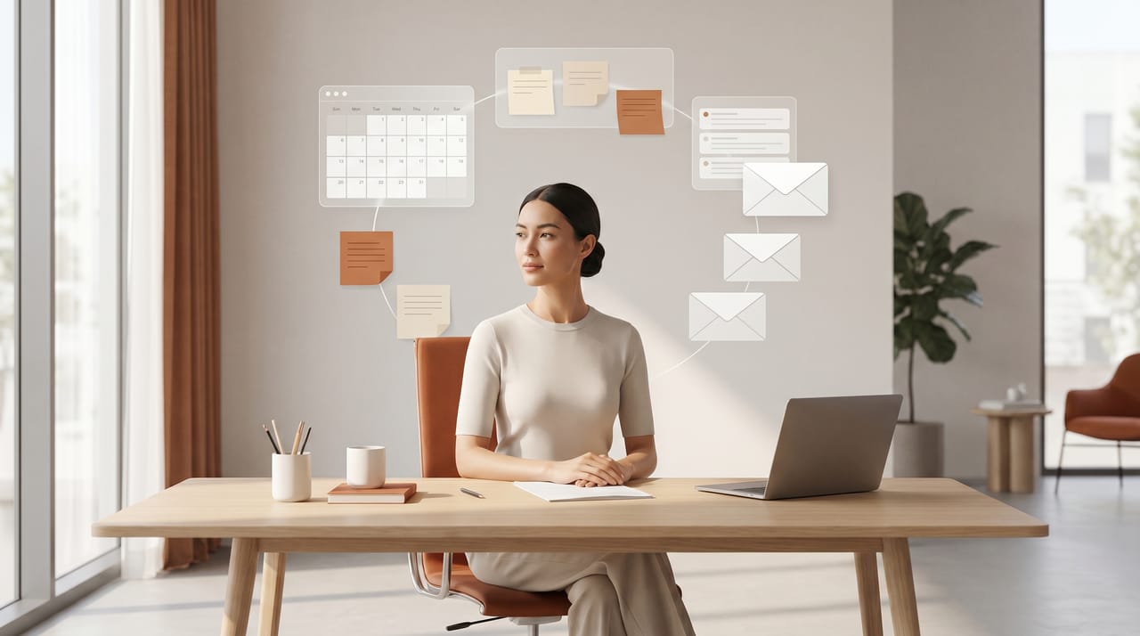 Ten AI secretary avatars ranked beside icons for calls, calendars, emails, and document filing